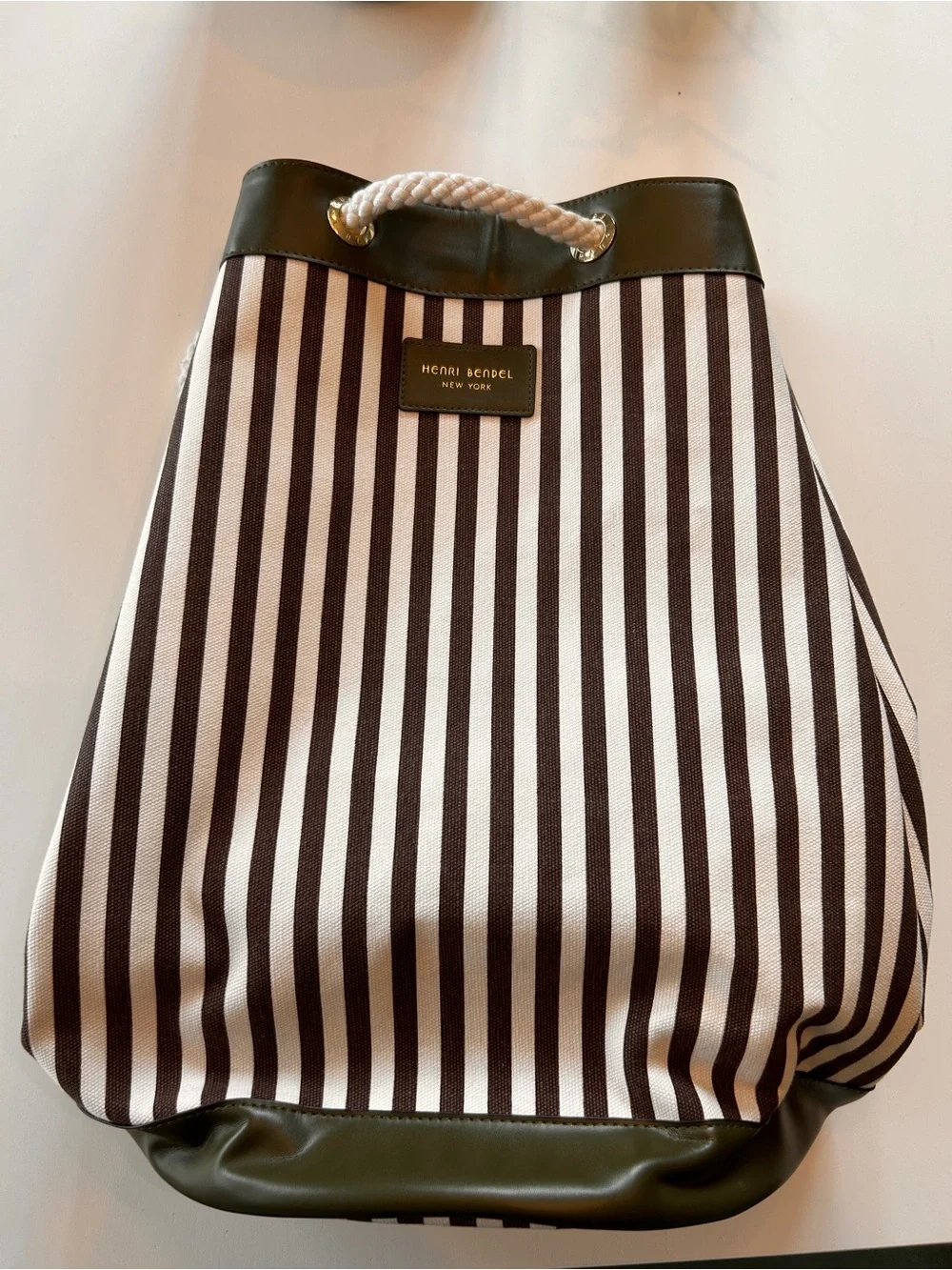 henri bendel Brown and White Striped Duffel with Rope Handles